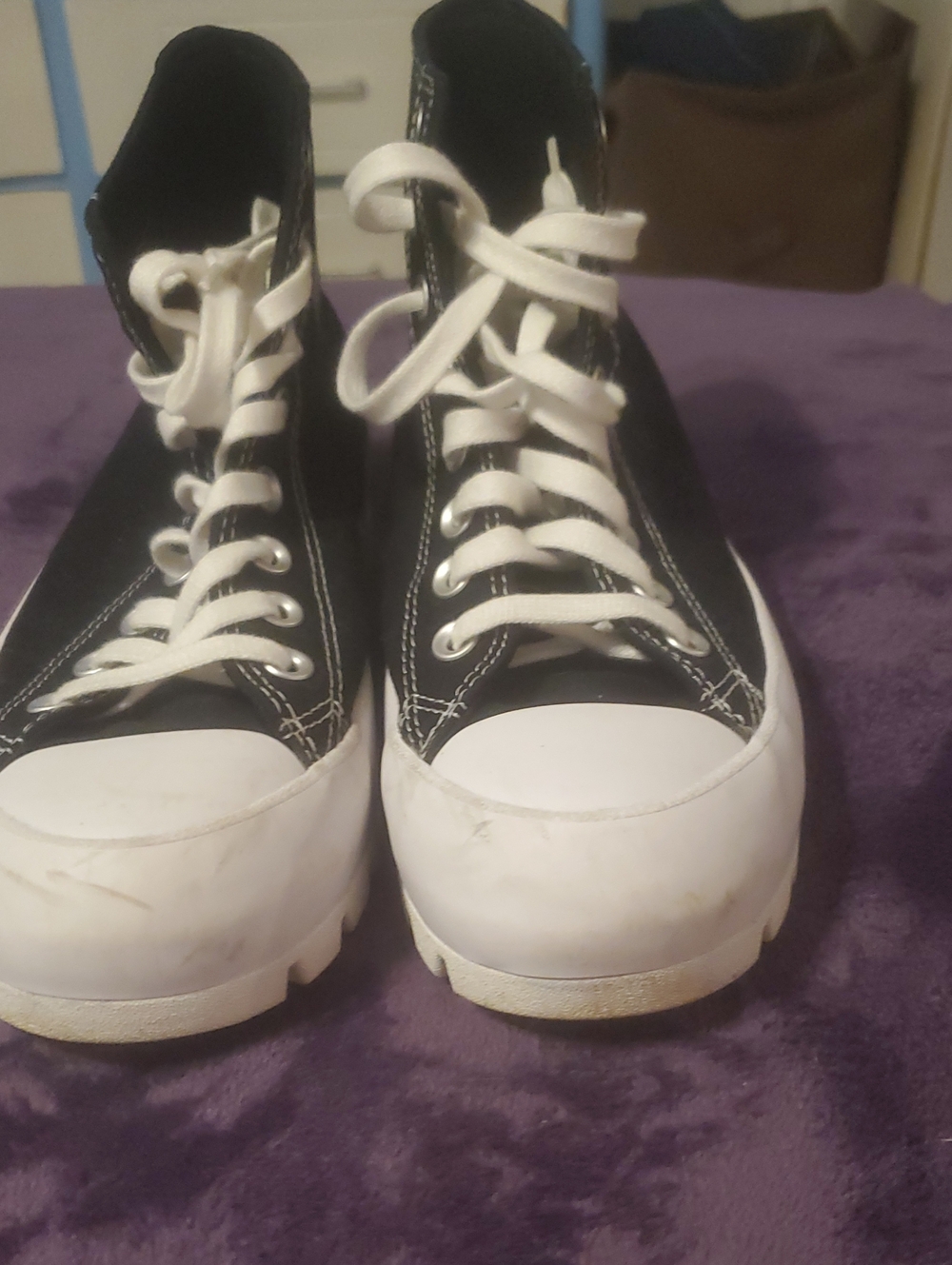 Black High-Top Canvas Platform Sneakers with White Toe and Laces